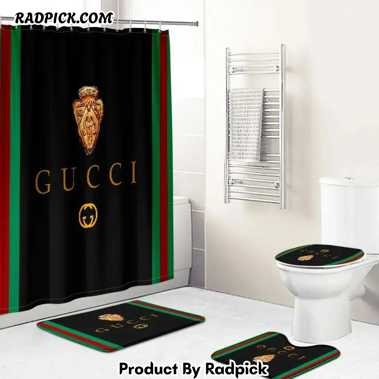 Gucci gc luxury bathroom set black green red 1 logo shower curtain 204 bathroom set rp387771